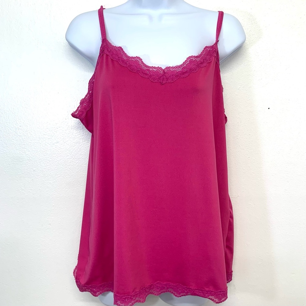 Vtg Fashion Bug Y2K Cami Tank XL Lace Trim Pink Stretch 90s Retro Feminine
